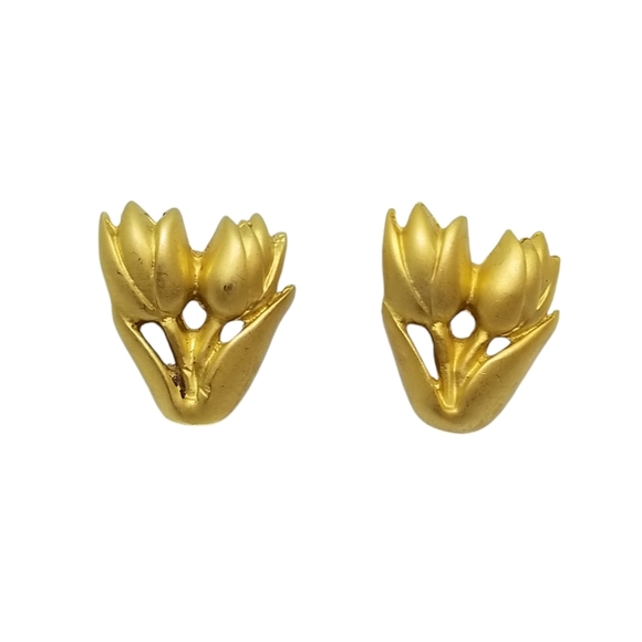 VINTAGE MATTE GOLDTONE TULIP FLOWER STUD EARRINGS - Picture 3 of 4